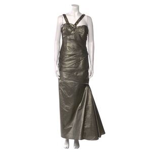 Monique Lhuillier Metallic Olive Green Evening Gown